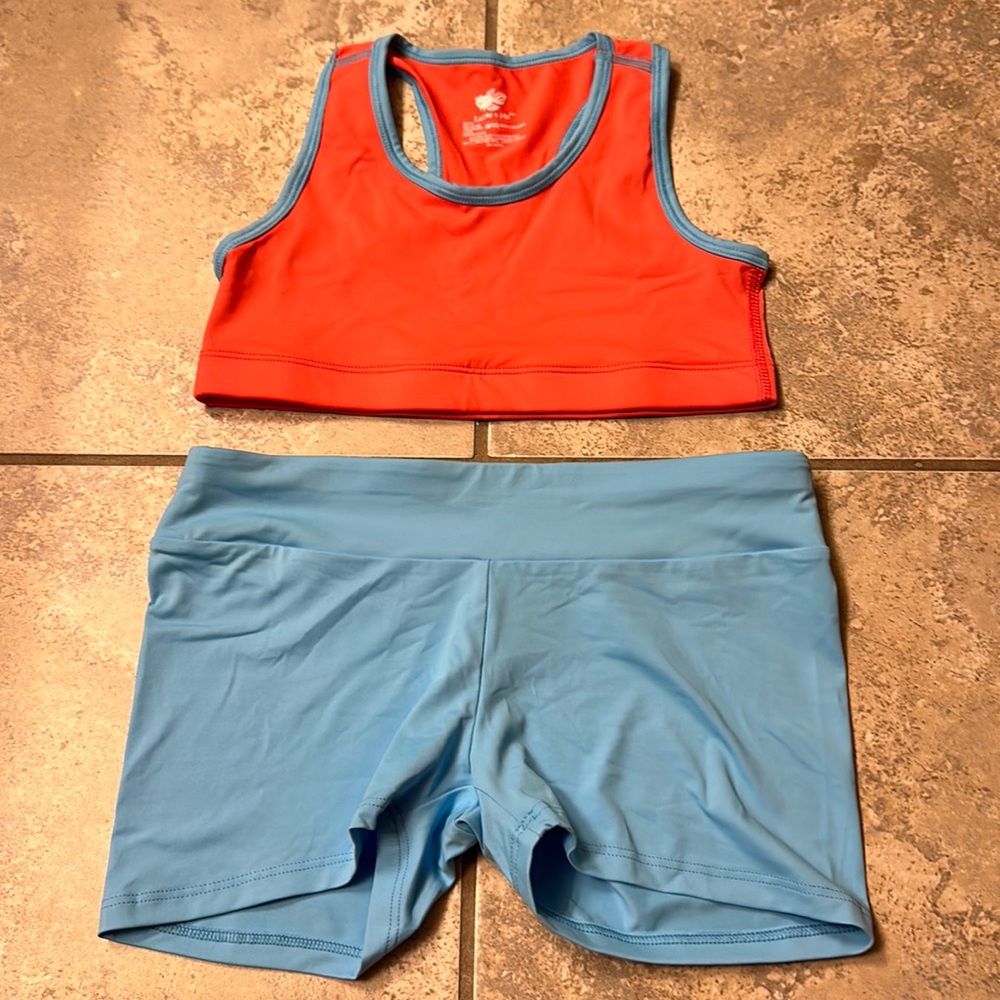 Lucky & Me Dance Sports Bra & Bootie Shorts Set Blue & Melon sz 9/10